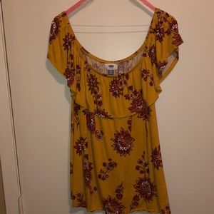 Mustard floral on shoulder or off shoulder blouse